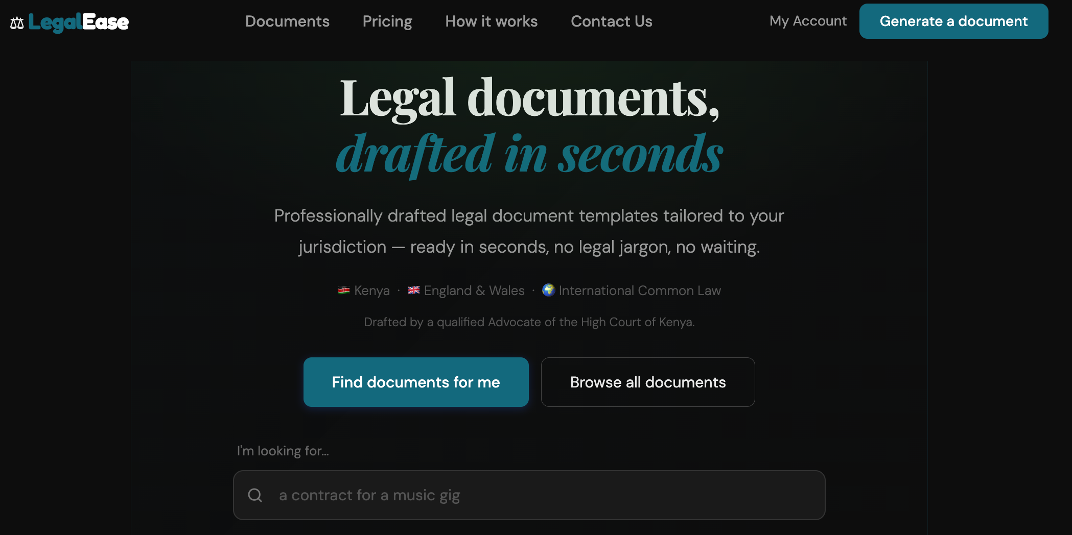 LegalEase landing page screenshot